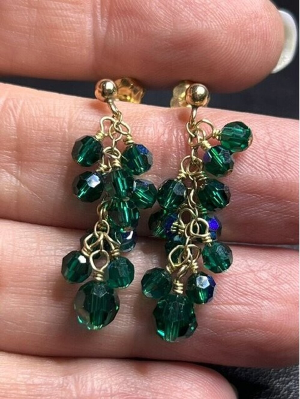B7056 14K Gold filled Dangle Cluster Earrings   1.25" Green Cha-cha crystal